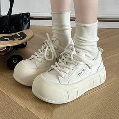 Futurecen Women Little White Shoes Advanced Versatile Thick Bottom Casual Sneakers  New Solid Color Lace-up Sports Board Shoes Women