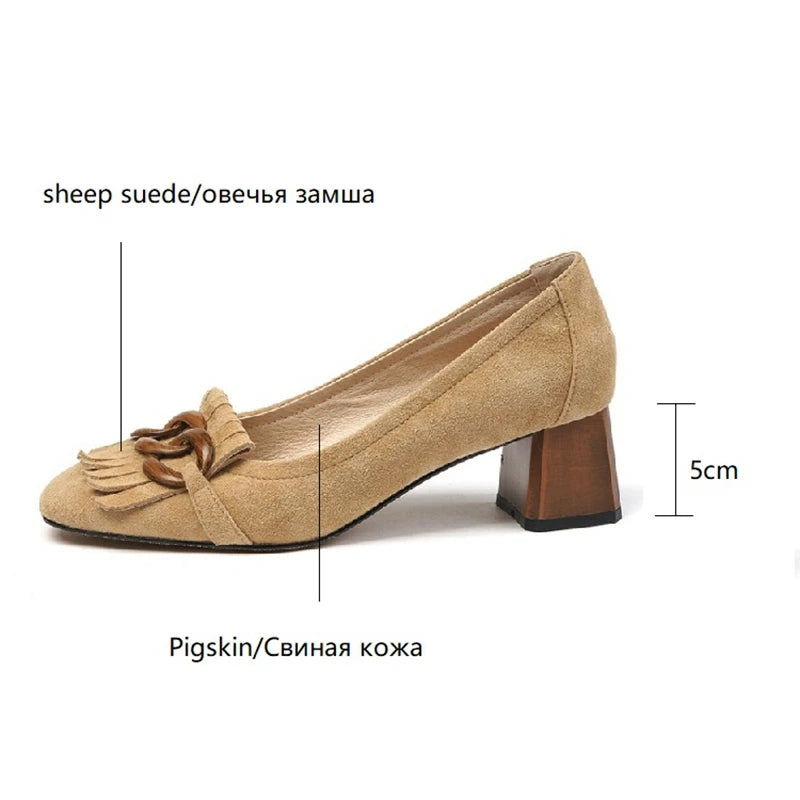 Futurecen Sheep Suede Leather Shoes for Women New Spring/Autumn Women Shoes Square Toe Chunky Heel Women Pumps Tassel Slip-On Ladies Shoes