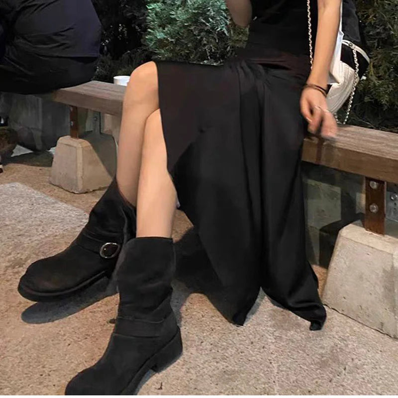 Futurecen Retro Style Women Motorcycle Boots Fashion Metal Buckle Platform Heel Short Booties Winter Comfort Women's Footwear