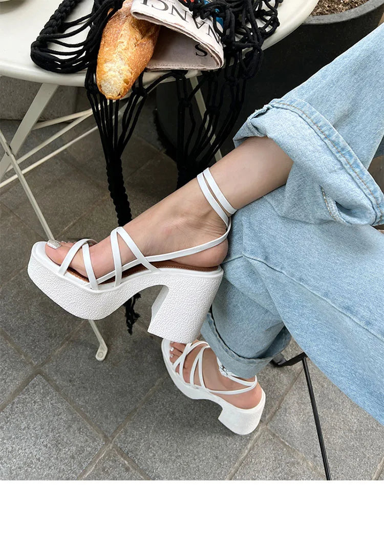 Futurecen Women Strap Platform Sandals Summer Square Head Solid Color High Heels Temperament Outdoor Non-slip Shoes