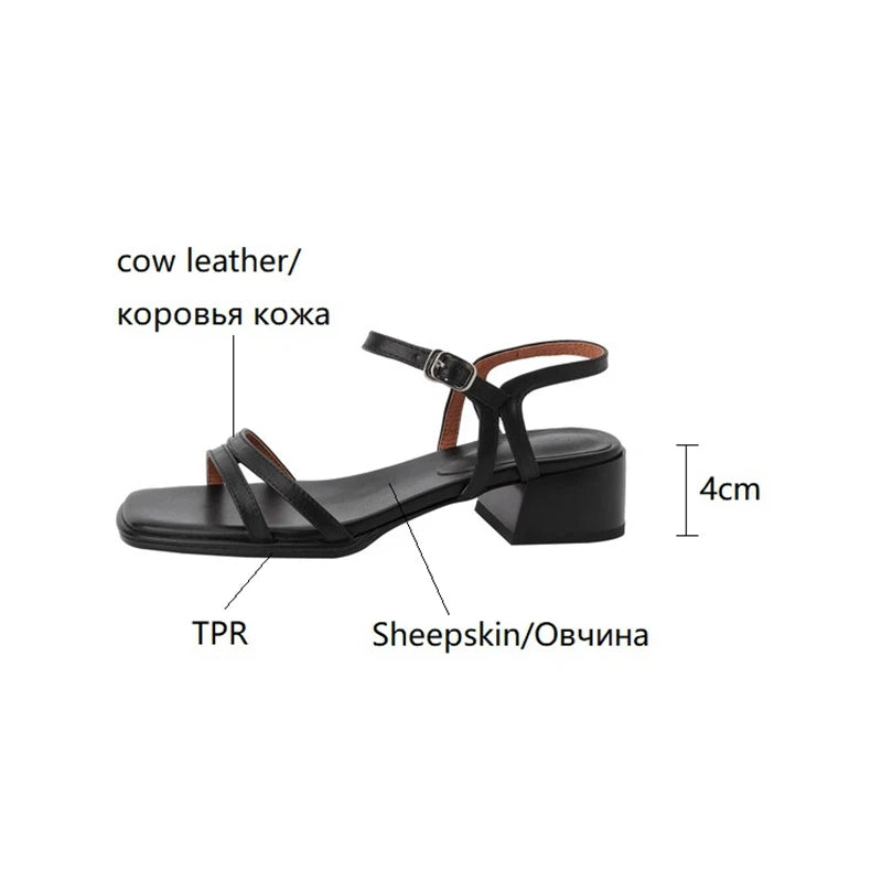 Futurecen  - Summer Women Sandals Cow Leather Shoes Women Open Toe Chunky Heel Sandals High Heel Shoes for Women Concise Women Sandals