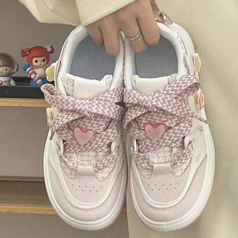 Futurecen Pink Platform Sneakers  Women's Sneakers Casual Retro Cute Vulcanized Shoes Tennis Women Flat Lace Up Flower Decoration