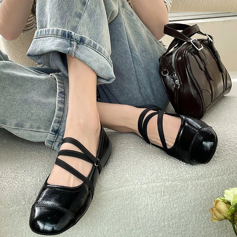 Futurecen 2024 Designer Women Flat Shoes Fashion Shallow  Ankle Cross Strap Ladies Soft Sole Flat Heel Dress Round Toe Ballet Shoes