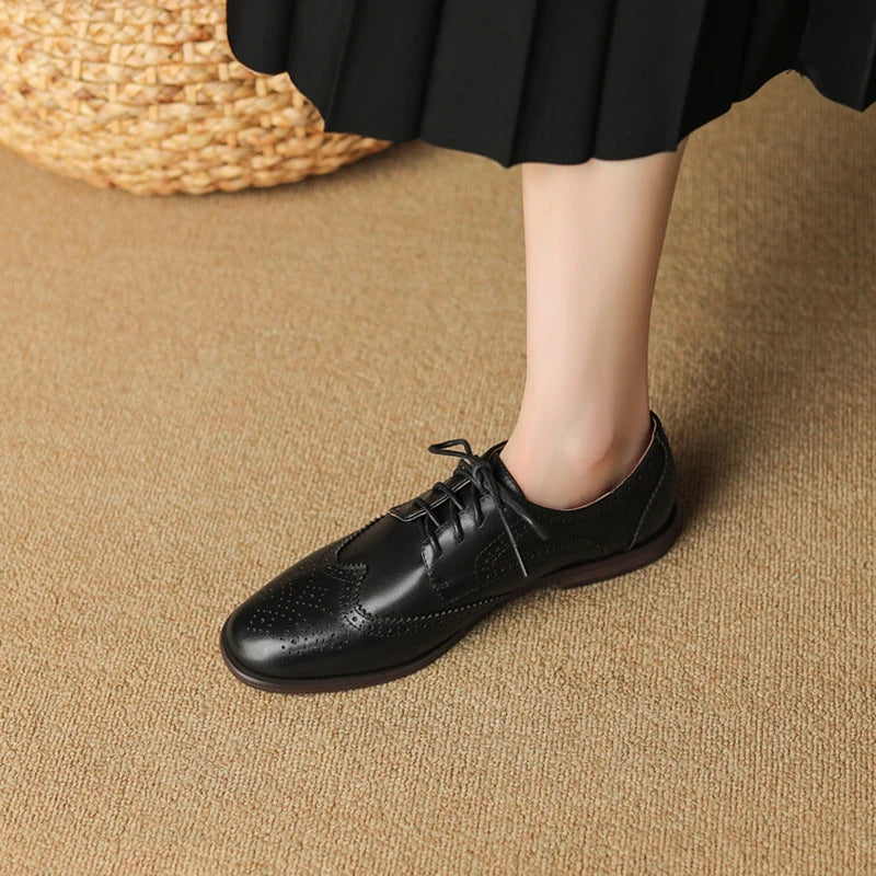 Futurecen  - Women Oxfords Spring/Autumn Shoes for Woman Genuine Leather Brogues Retro Lace up Loafers casual Handmade Black Girls shoes