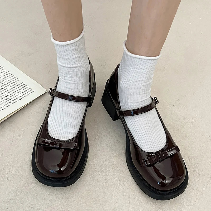 Futurecen Vintage Ankle Buckle Mary Jane Shoes Women Patent Leather Thick Heels Pumps Woman Japanese Style Platform Uniform Lolita Shoes