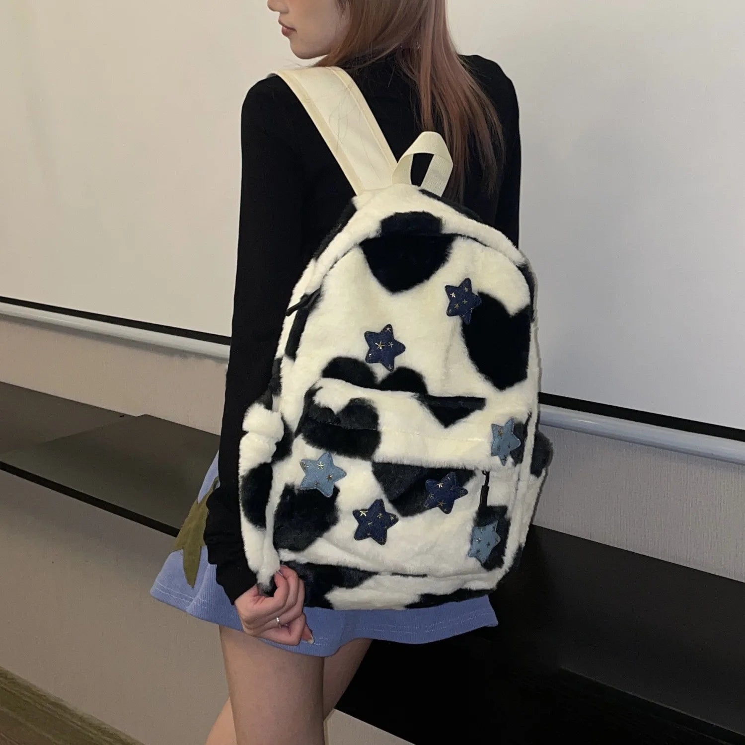 Futurecen  - fancy bags Girls Y2k Star Backpack Korean Fashion Fluffy Shcool Bag Harajuku Large Capacity Cute Cow Backpack Fur Travel Bag Japanese Style