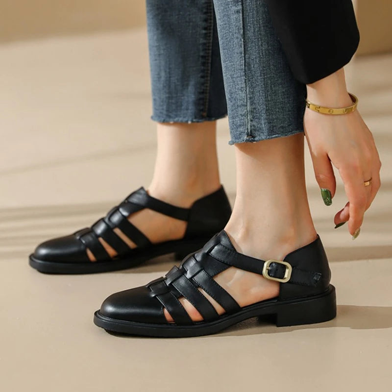 Futurecen  -  Genuine Leather Women Sandals Round Toe Low Heel Summer Women Shoes Roman Black Shoes for Women Handmade Shoes Женские сандалии