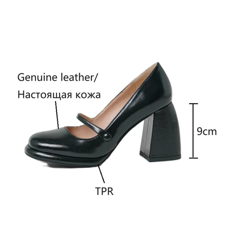 Futurecen  -  Spring Women's Pumps Genuine Leather Shoes for Women Round Toe Chunky Heel Shoes Super High Heel Mary Janes Sweet Platform Shoes