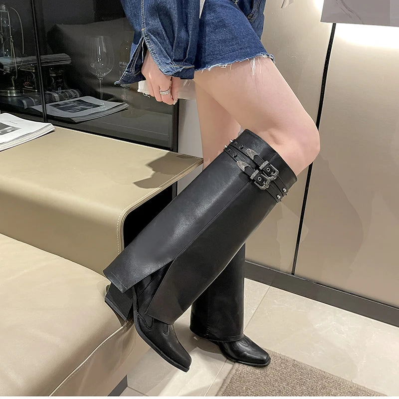 Futurecen Winter Women Cowboy Boots Fashion Slip On Belt Buckle Ladies Elegant Long Pipe Boots Casual Thick Heel Women's Boot