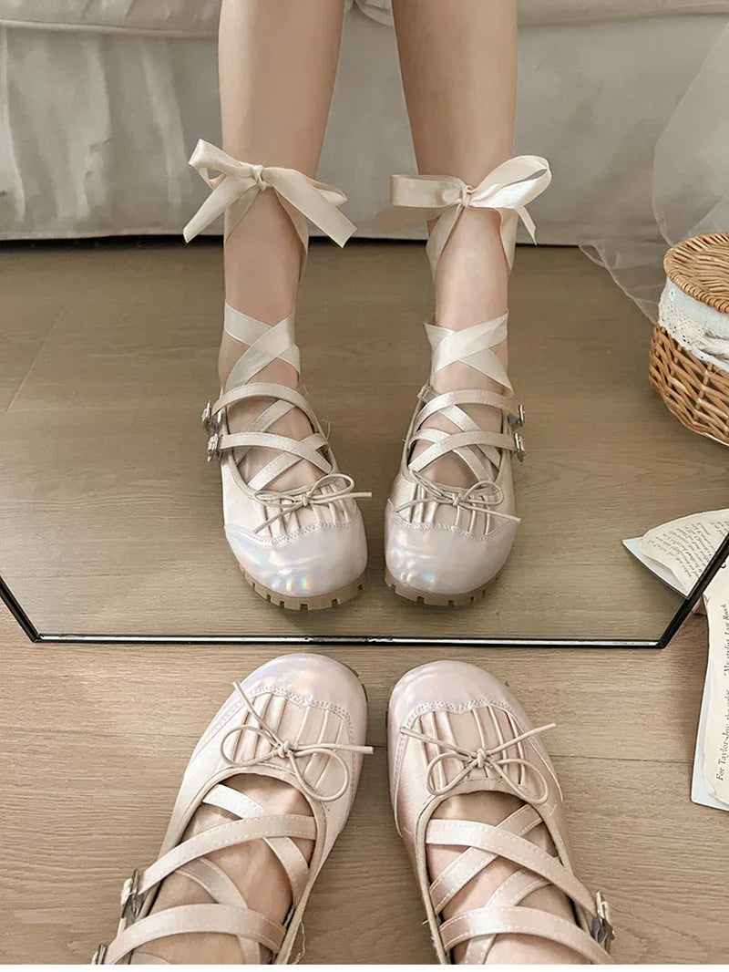 Futurecen New Spring Women Ballet Flats Fashion Elegant Round Toe Cross Strap Shoes Ladies Comfort Street Style Soft Sole Ballerinas Shoes