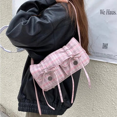 Futurecen  Plaid Pink Womens Shoulder Bag Pleated Casual Sweet Cute New Fashion Leather Handbag Literary Exquisite Designer Armpit Bag