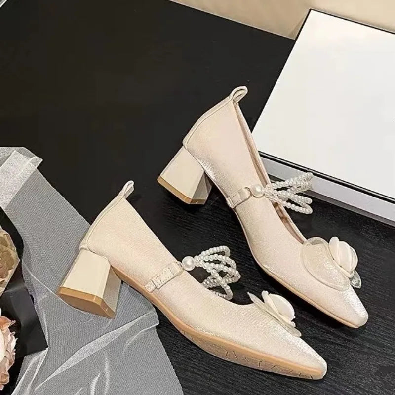 Futurecen  -  New Chinese Sweet Flower Women Shoes Simple and Gentle Style Coarse Heel Camellia Mary Jane Shoes French Silk Wedding Shoes