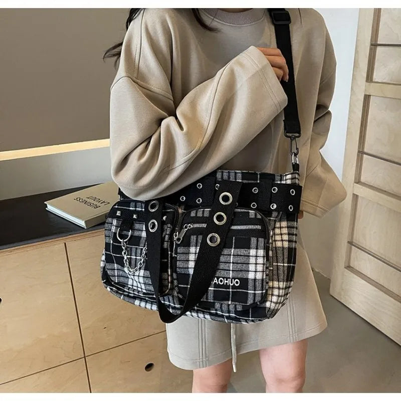 Futurecen  -  Gothic Punk Tote Bags Women Y2K Large Capacity Moto Style Shoulder Bolso Mujer Designer Luxury Plaid Crossbody Bag Female