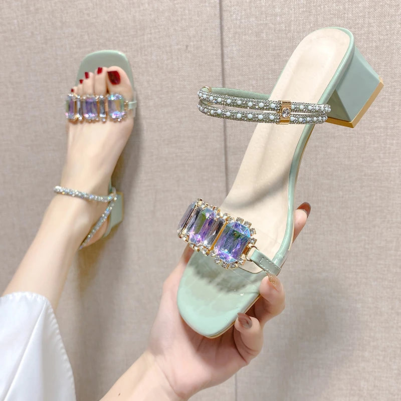 Futurecen  Fashion Rhinestone Sandals for Women Summer Square Heels Open Toe Slippers Woman Transparent PVC Jelly Sandals