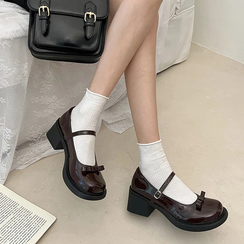 Futurecen Vintage High Heel Mary Jane Shoes for Women  New Summer Bow Brown Round Head English Style Small Leather Shoes