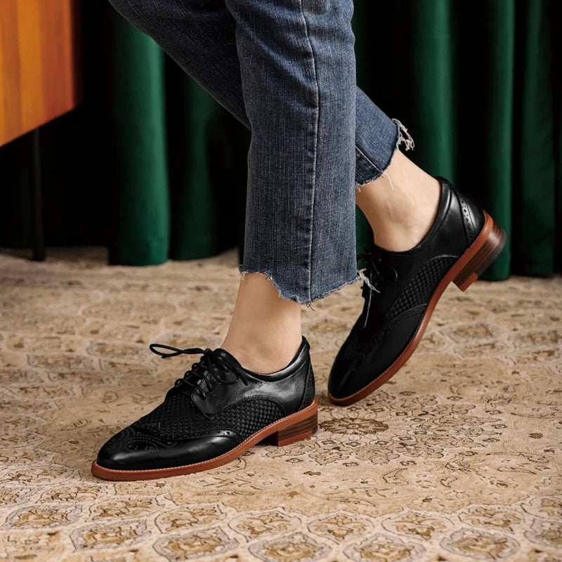 Futurecen  -  Women Oxford Flats Spring/Autumn Shoes for Woman Genuine Leather Brogues Vintage Lace up Loafers casual weave Black Girls shoes