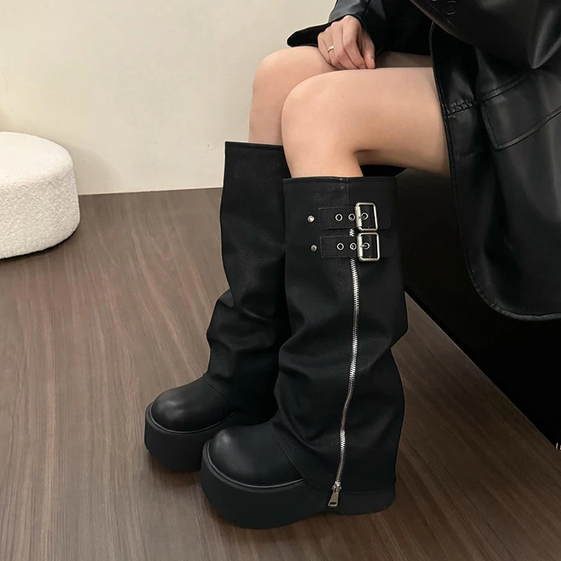 Futurecen Chunky Women Knight High Boots Fashion Platform Flats Trouser Long Booties Autumn Winter Female Western Cowboy Shoes