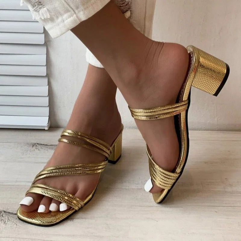 Futurecen Fashion Large 42 Thick Heel Slippers for Women Summer New Gold Strap Square Head Party Slides Outside Roman Banquet Shoes