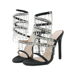 Futurecen  Runway Style Glitter Crystal Tassel Snake Coiled Women Sandals Sexy Stiletto High Heels Summer Fashion Party Prom Shoes