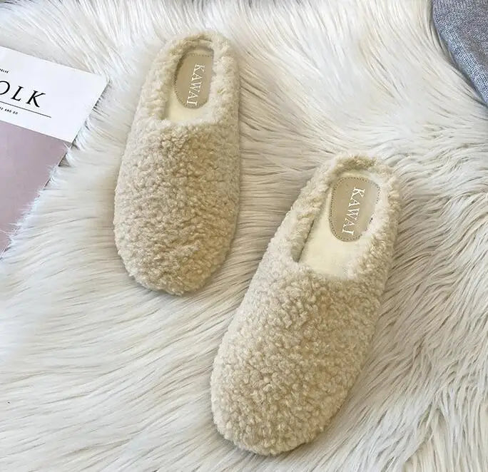 Futurecen  -  Plus Size 34-43 White Lambswool Loafers Woman Winter Cotton Shoes Warm Plush Mocasines Mujer Ladies Daily Sheep Fur Flats