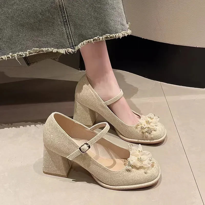 Futurecen  -  Pearl Flower New Thick Sole Mary Jane Shoes Female Platform High Heels Sweet Dress Thick Heel Party Women's Shoes Sandals