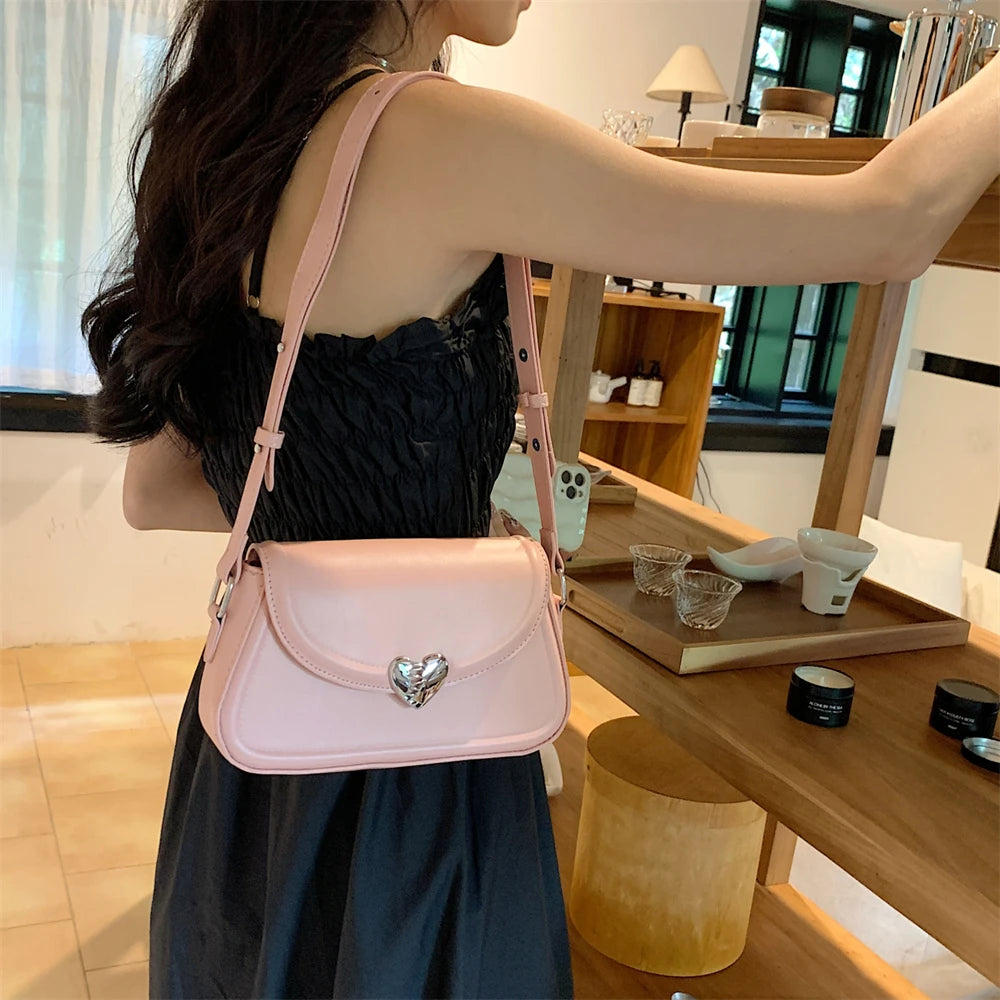 Maytrends Loving Heart Buckle Crossbody Bags For Women Luxury Designer Handbags Silver Color Small Shoulder Underarm Phone Bag