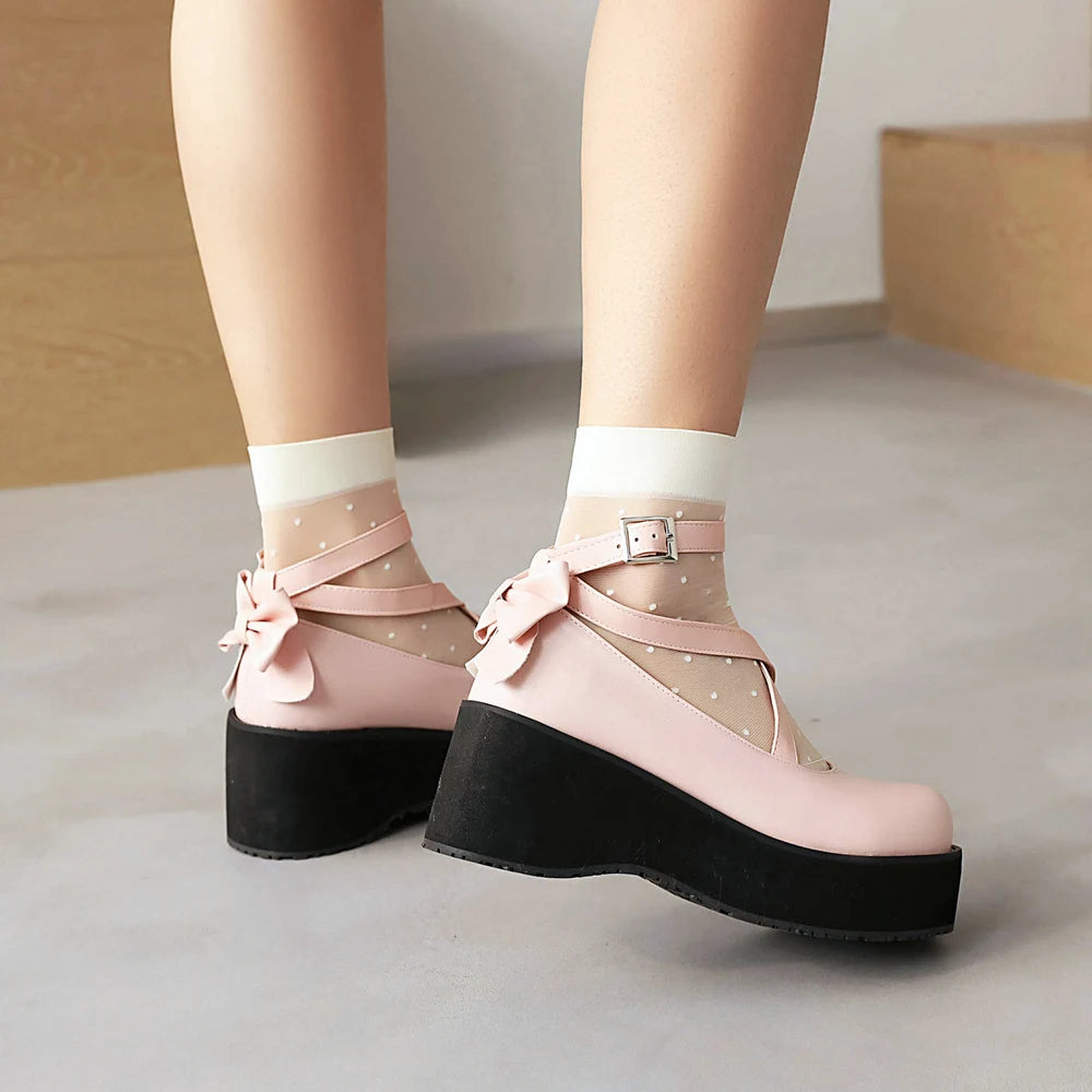 Futurecen Bowknot Lolita Shoes Platform Heels Women Pumps Japanese School JK Uniform Fashion Girl Rear Bow Tie Thick Sole Mary Jane Buckle