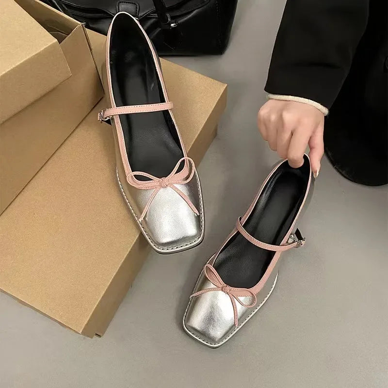 Futurecen  -  New Sweet Bow Mid Heel Women's Shoes Square Head Shallow Mouth Single Shoes Ladies Fashion High Heel Female Shoes