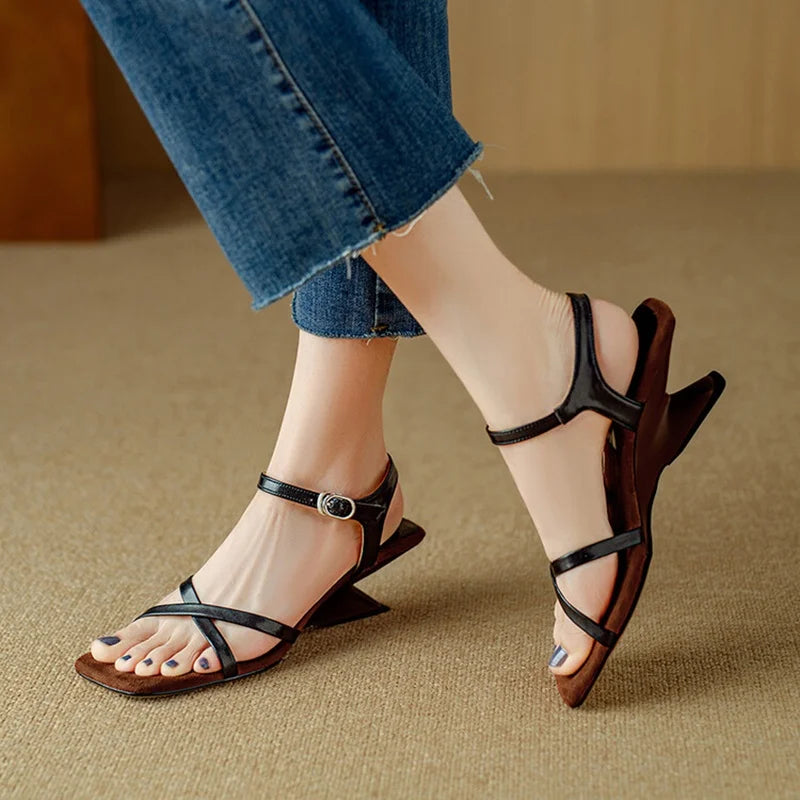 Futurecen  -  NEW Summer Women Sandals Square Toe Strange Heel Shoes Split Leather Shoes for Women Narrow Band Handmade Shoes Modern Sandals