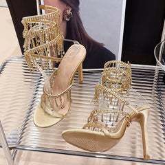 Futurecen Golden Shoes Fashion Rhinestones Peep Toe Ladies High Heels Crystal Shoes Gladiator Sandals Women Thin Heels Female Footwear