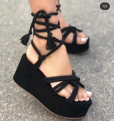 Futurecen Platform Wedge Strappy Sandals Women Fashion Round Toe Cross Tied Height Increase Open Toe Women Sandals