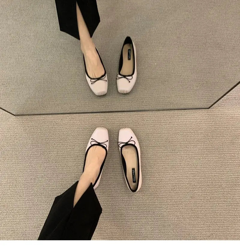 Classic Female Flats Ballerina Shoes Women Fashion Square Toe Pleated Ballet Bow Knot Shallow Moccasin Casual Loafer Sliver