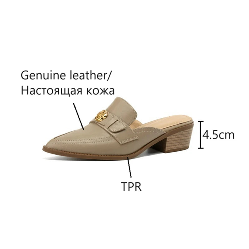 Futurecen  -  NEW Summer Women Mules Genuine Leather Shoes for Women Cover Toe Chunky Heel Slippers Pointed Toe Slingback Flower Beige Sandals