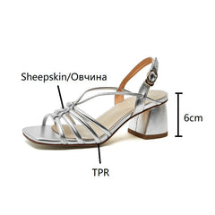 Futurecen  -  Summer Women Sandals Concise Square Toe Chunky Heel Women Shoes High Heel Genuine Leather Shoes Golden Weave Sandals for Women