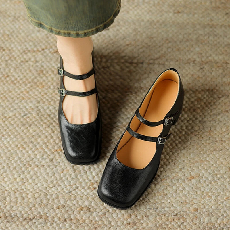 Futurecen  -  NEW Spring Women Pumps Genuine Leather Shoes for Women Square Toe Chunky Heel Shoes Retro Mid-heel Mary Janes Shoes zaptos mujer