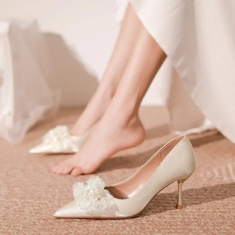 Futurecen  -  Sharp Pointed Thin Heeled Women Pumps Fashion High Heels Satin Silk Dress Pumps Lady Wedding Bridal Scarpin Catwalk Shoes