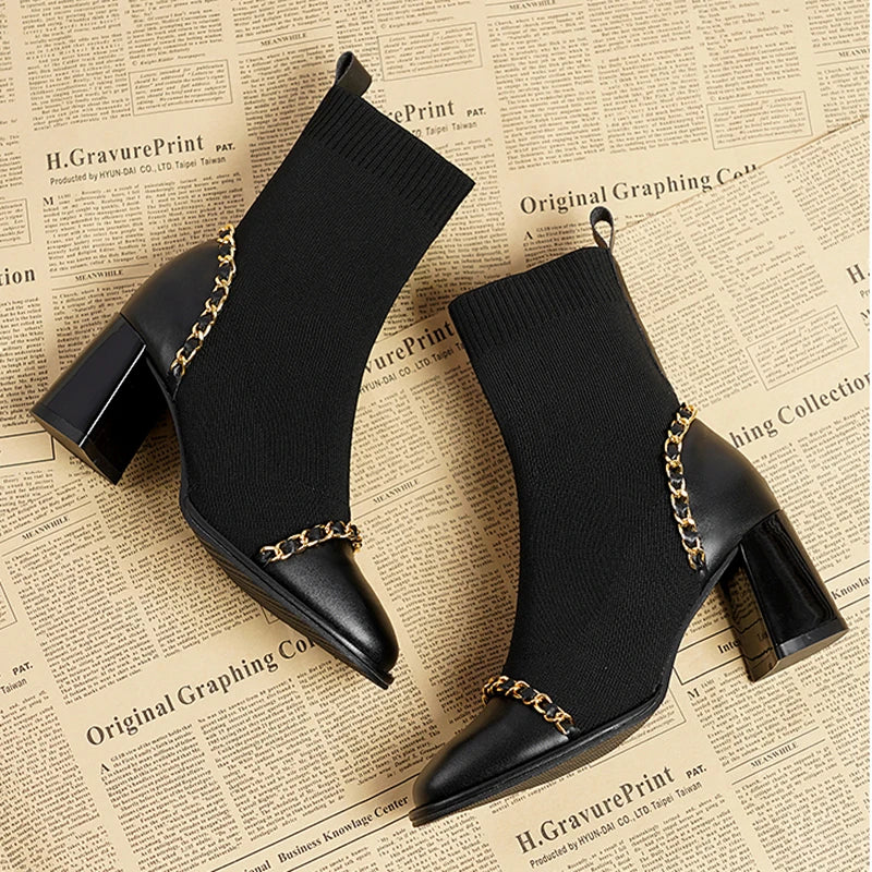 Futurecen Autumn Women Knit Ankle Boots Fashion Slip On Slimming Short Booties Autumn Winter Female Thick Heel Shoes