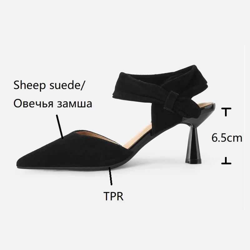 Futurecen Summer Women Sandals Pointed Toe Thin Heel Women Shoes Sheep Suede Leather Shoes for Women Cover Toe High Heels Party Shoes