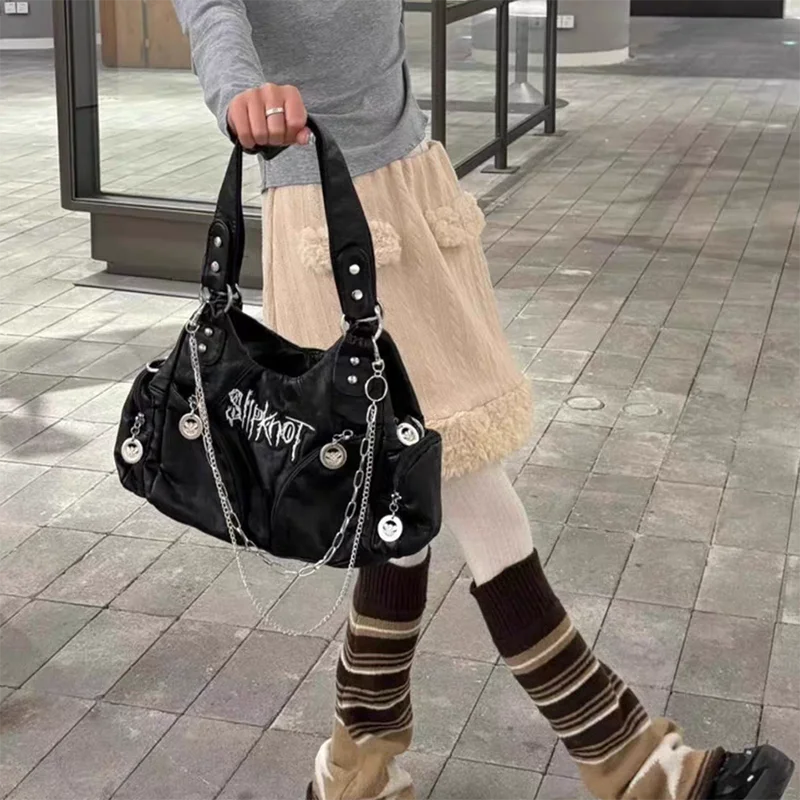 Futurecen  -  outfit ideas Y2K Women Tote Bags Large Capacity Moto Style Chains Commute Crossbody Bags Vintage Underarm Shoulder Bolso Mujer