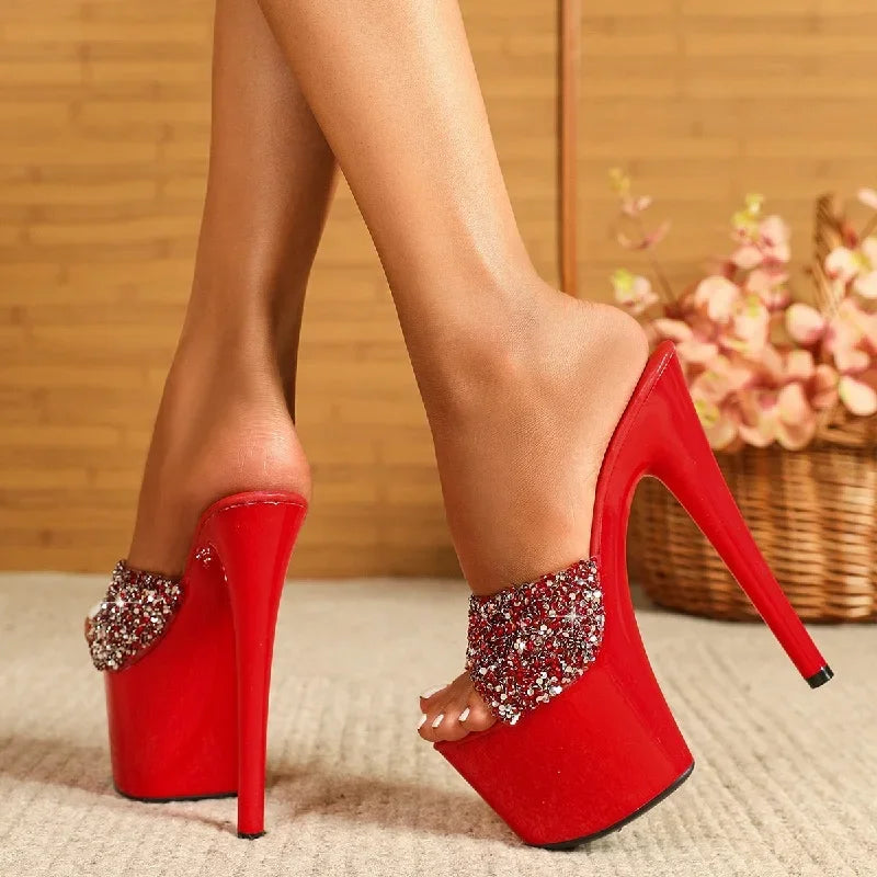 Futurecen Fashion Platform Bling Sequin Wedding Stripper Woman Slippers Sexy Peep Toe Fetish Thin High Heels Summer Shoes