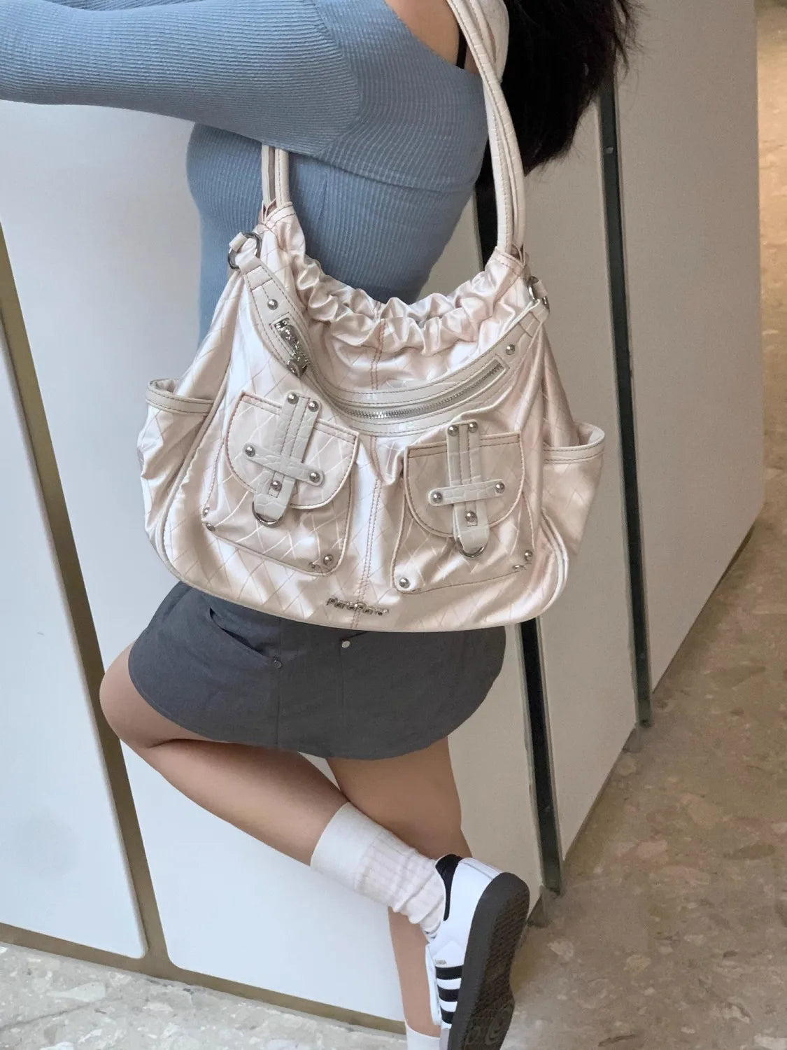 Futurecen  Y2k White Shoulder Bag for Women Pleated Soft Autumn New Trendy Tote Bag Multi-pocketed Large Capacity Handbag Sac