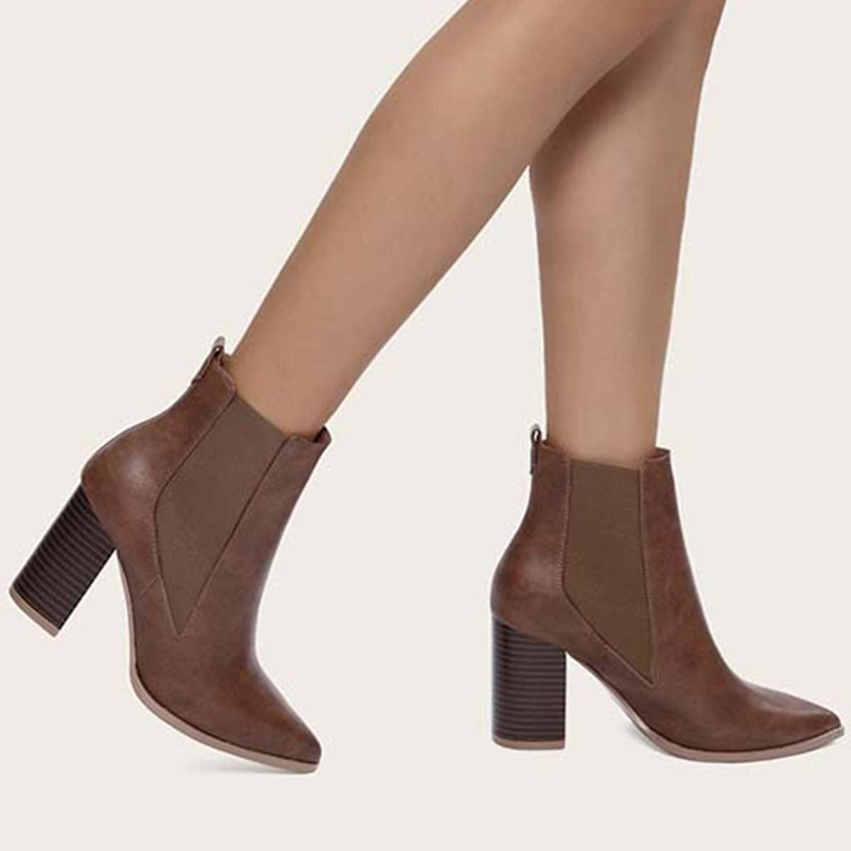 Women Chunky Heel Chelsea Booties Pointy Toe Western Ankle Boots