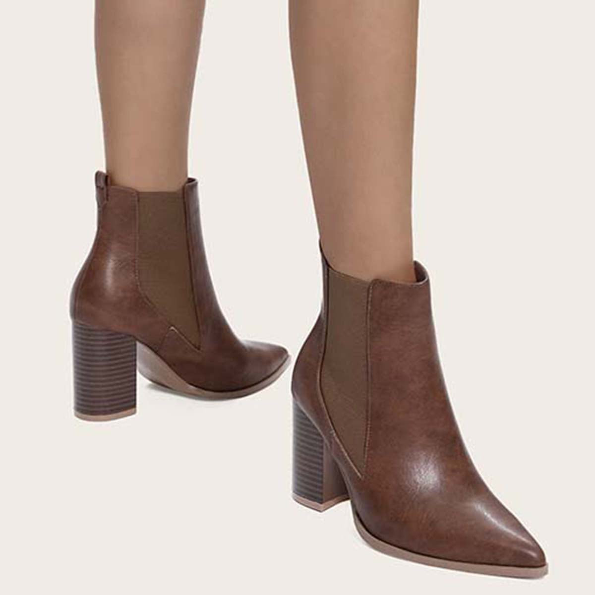 Women Chunky Heel Chelsea Booties Pointy Toe Western Ankle Boots