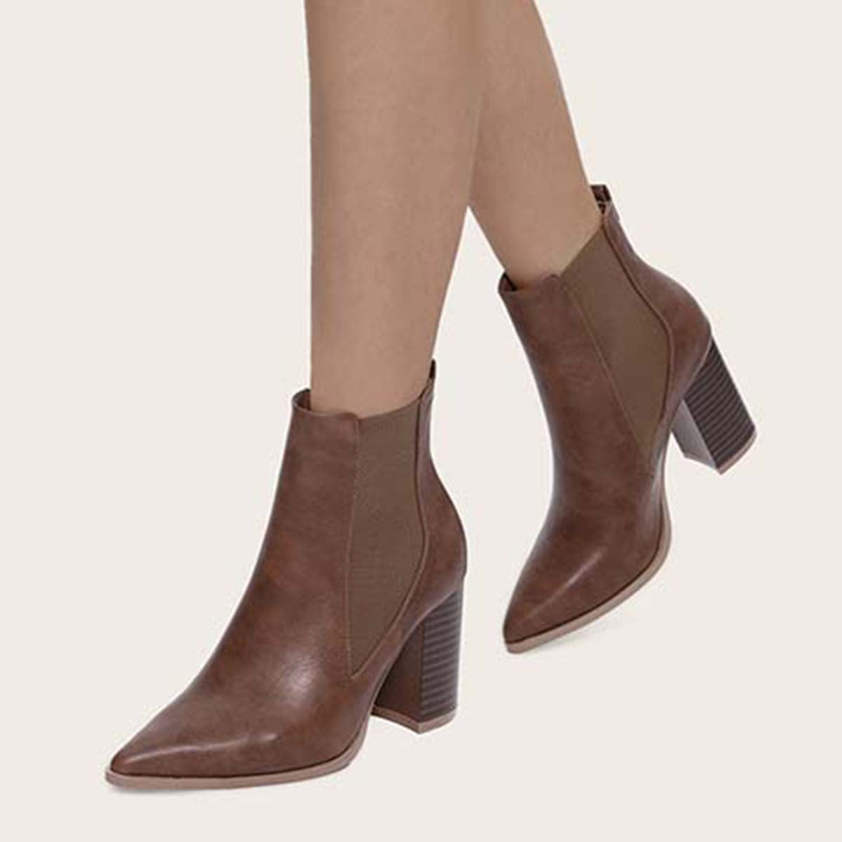 Women Chunky Heel Chelsea Booties Pointy Toe Western Ankle Boots