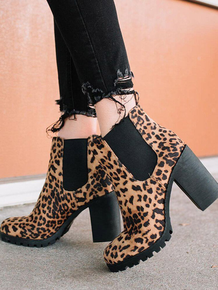 Leopard Print Chunky Heel Boots