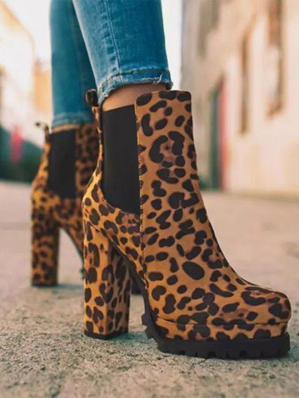 Leopard Print Chunky Heel Boots