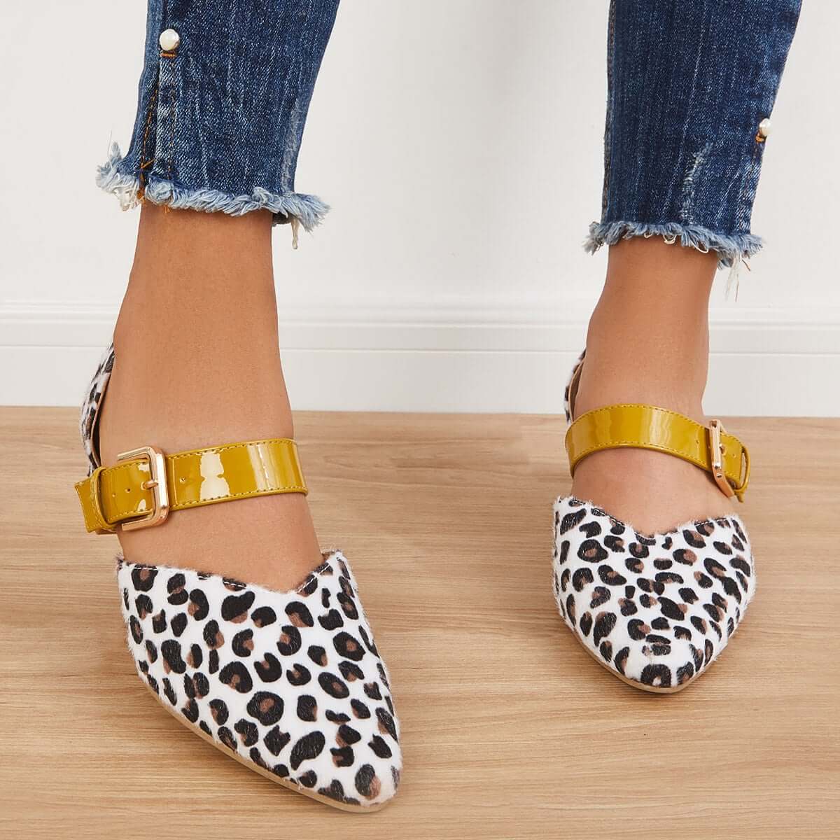 Women's Casual Leopard Slip on Buckle Heels Wedding Block Low Heel Pumps Pointed Toe Heels