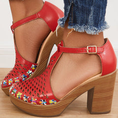 Futurecen  -  Women Platform Block Chunky High Heels Ankle T-Strap Cutout Sandals