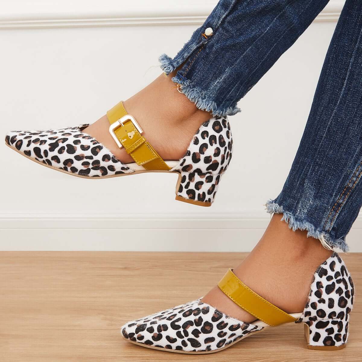 Women's Casual Leopard Slip on Buckle Heels Wedding Block Low Heel Pumps Pointed Toe Heels