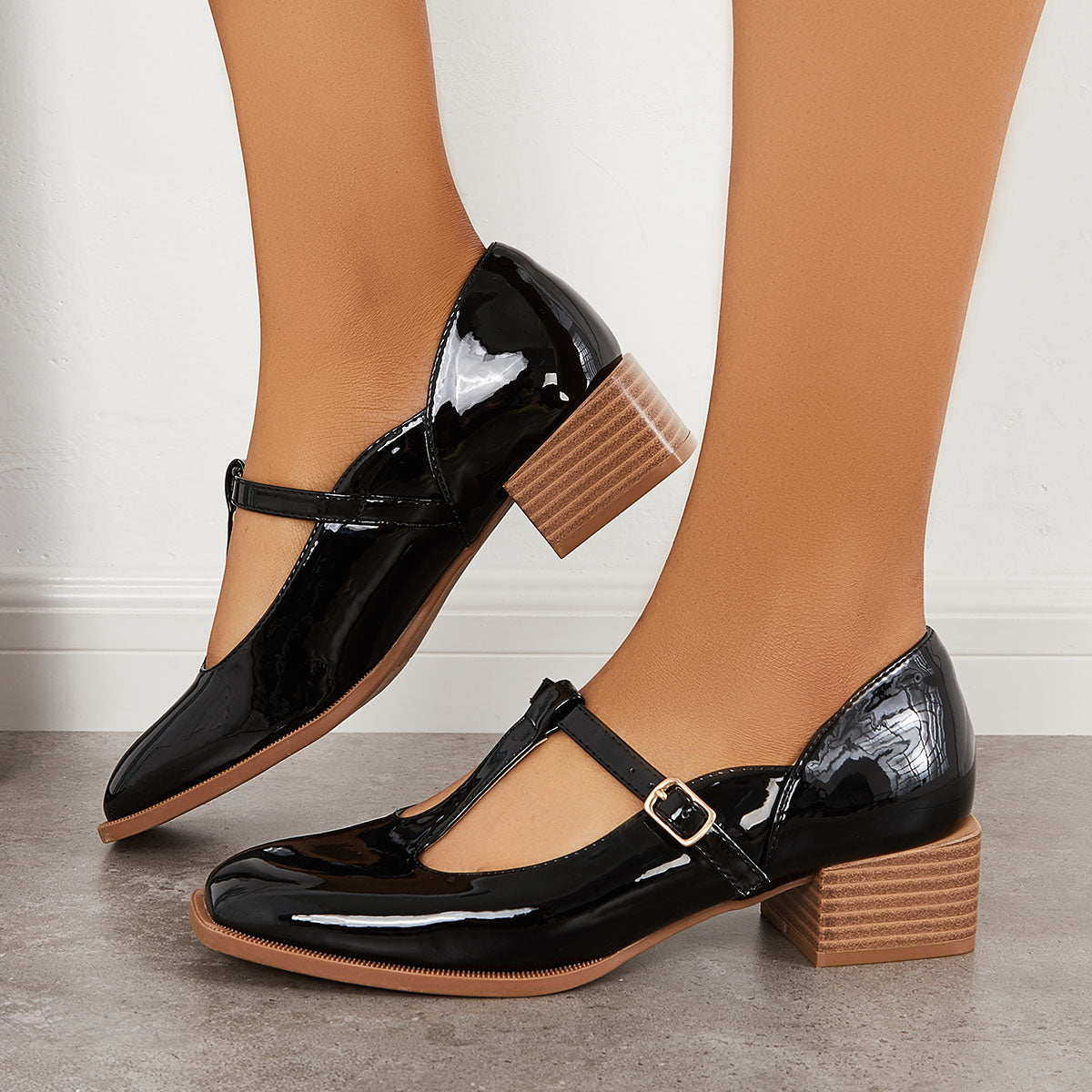 Women's Patent Leather T-Strap Mary Jane Block Flat Shoes